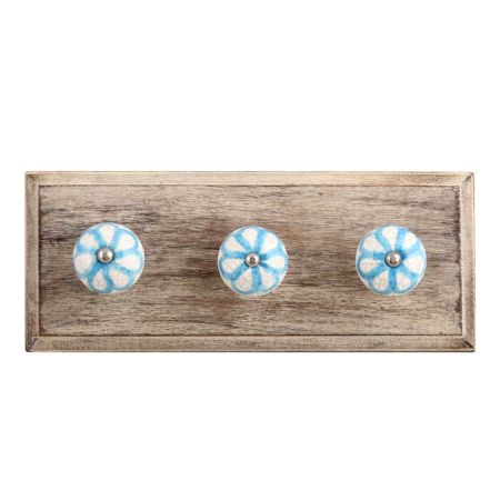 Blue Floral Crackle Ceramic Wooden Hooks